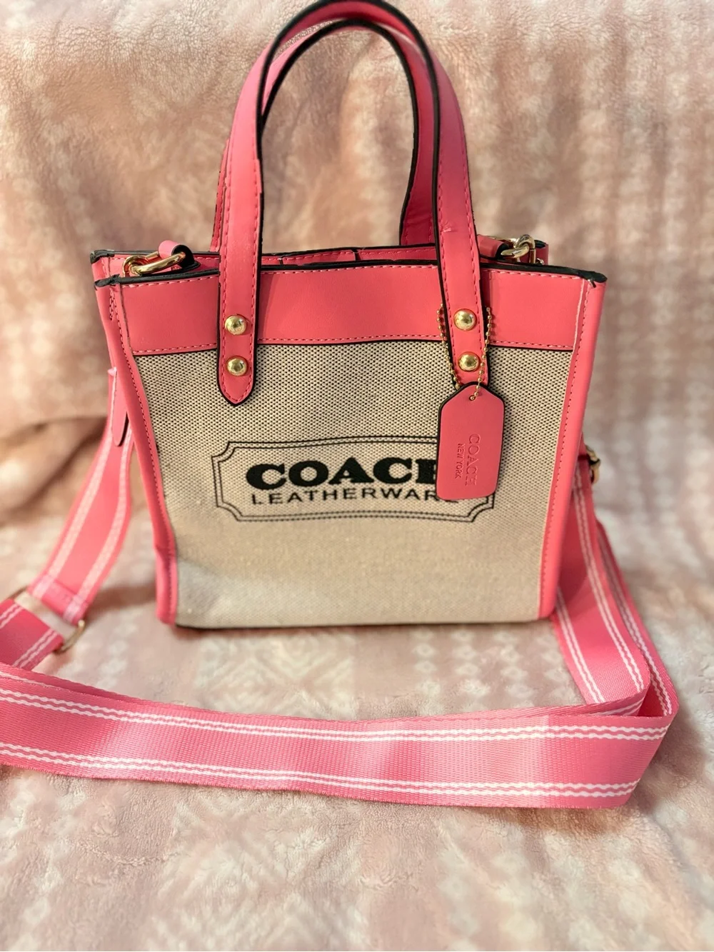 Pink Canvas & Leather Tote with Adjustable Strap